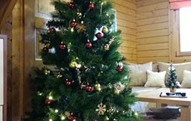 Weihnachtliche Dekoration mit Tannenbaum im Blockhaus